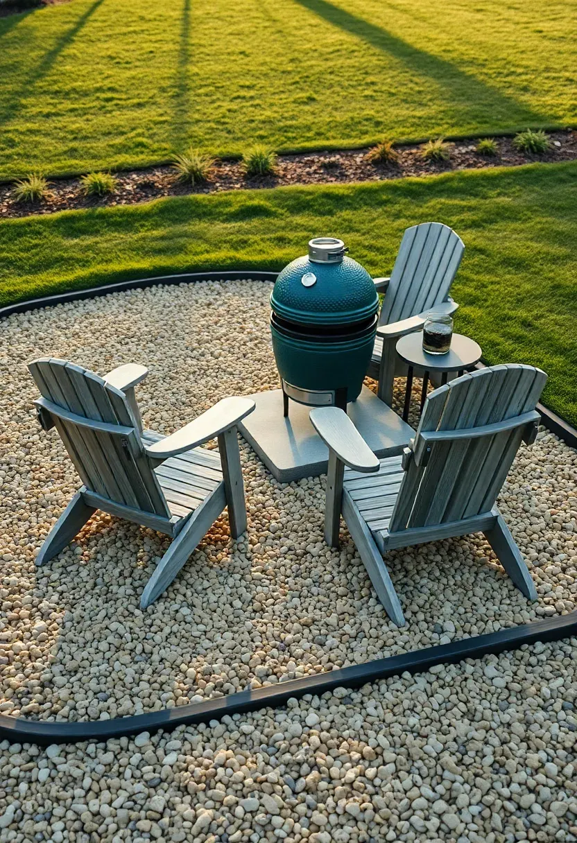 Gravel pad grilling area with a kamado ceramic grill on a concrete base, Adirondack chairs nearby, and steel landscape edging defining the zone