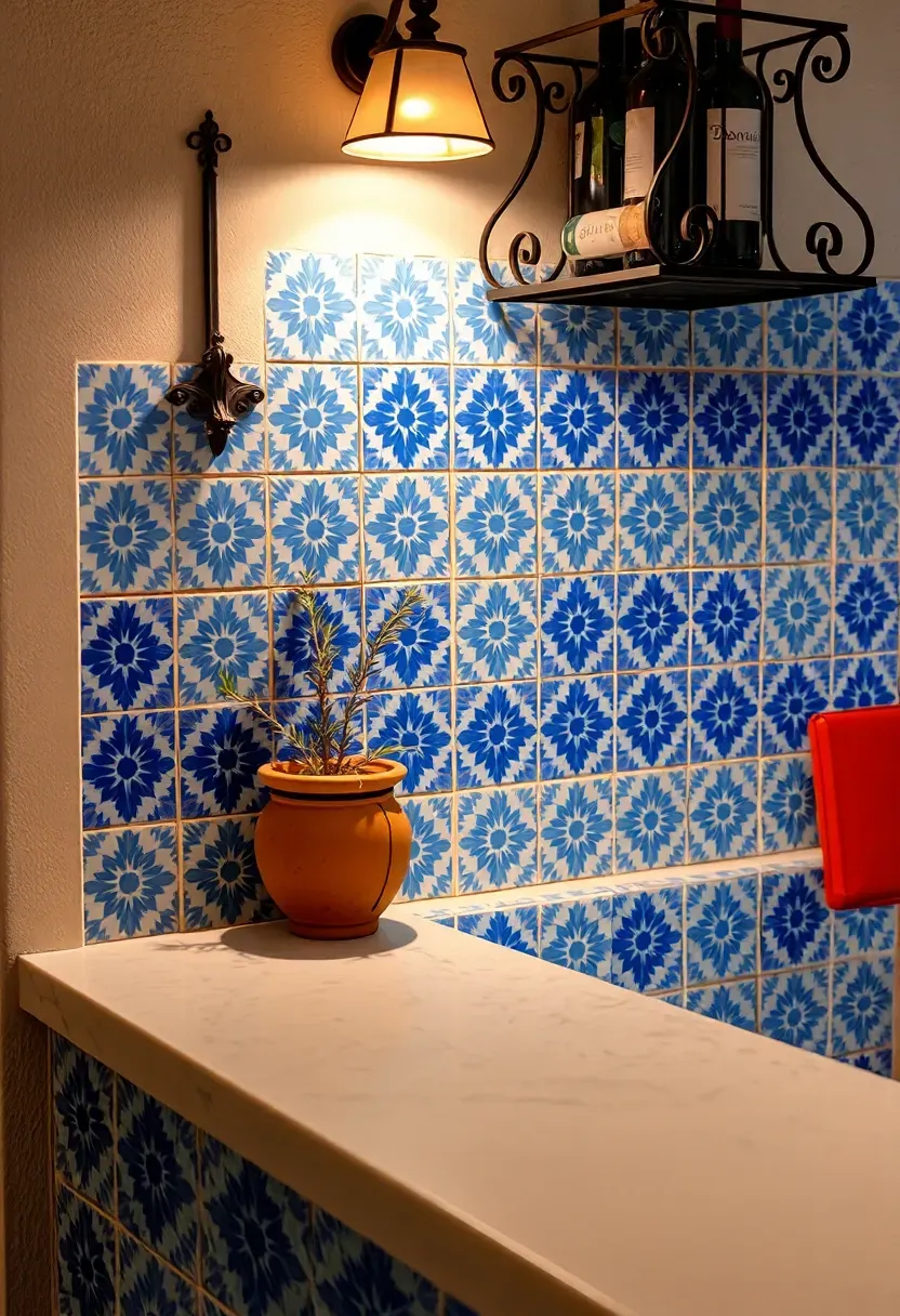 Mediterranean basement bar with blue and white hand-painted cement tiles on the bar front, terracotta accents, and wrought iron wine rack