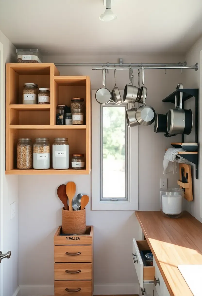 Hyper-realistic interior view of tiny house kitchen showing highly organized storage systems including labeled jars for dry goods, hanging pot rack with neatly arranged cookware, drawer organizers visible, and designated spots for every kitchen tool. Materials: light wood open shelving with glass jars and labeled containers, wall-mounted rail system for pots and utensils, drawer organizers visible when partially open, wood countertop with minimal items maintained neatly. Natural daylight showing organized systems clearly. Shallow depth of field focusing on open shelving with labeled jars and hanging pot system, drawer organization visible in background. Organized minimalist kitchen aesthetic. No text, no logos, no watermarks.</p>