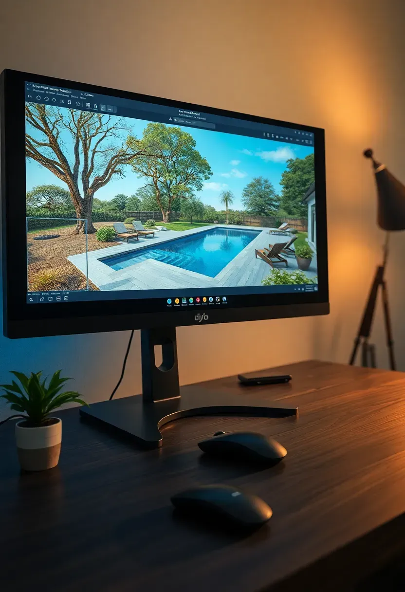 Desktop software interface of Realtime Landscaping Architect showing a rendered 3D backyard with pool, deck, and mature trees