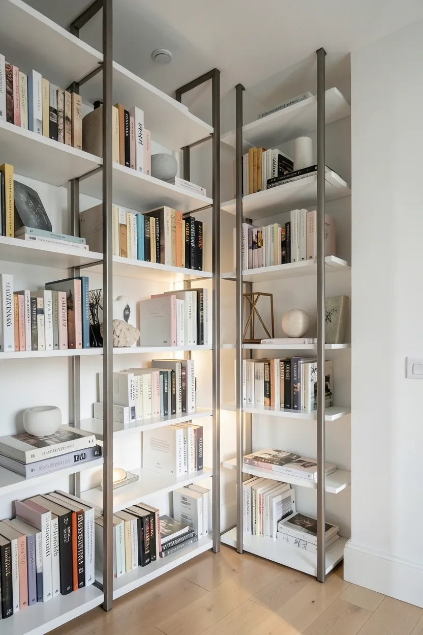 Open-back white bookshelf unit used as a room divider in a Scandinavian open-concept living area with books and plants displayed with negative space