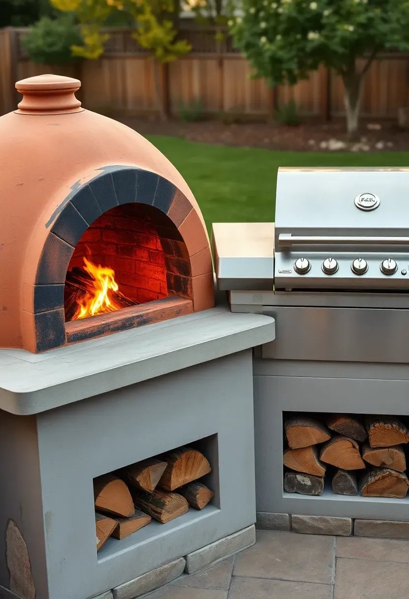 Backyard cooking station featuring a wood-fired pizza oven next to a gas grill with a shared concrete countertop and stacked firewood storage below