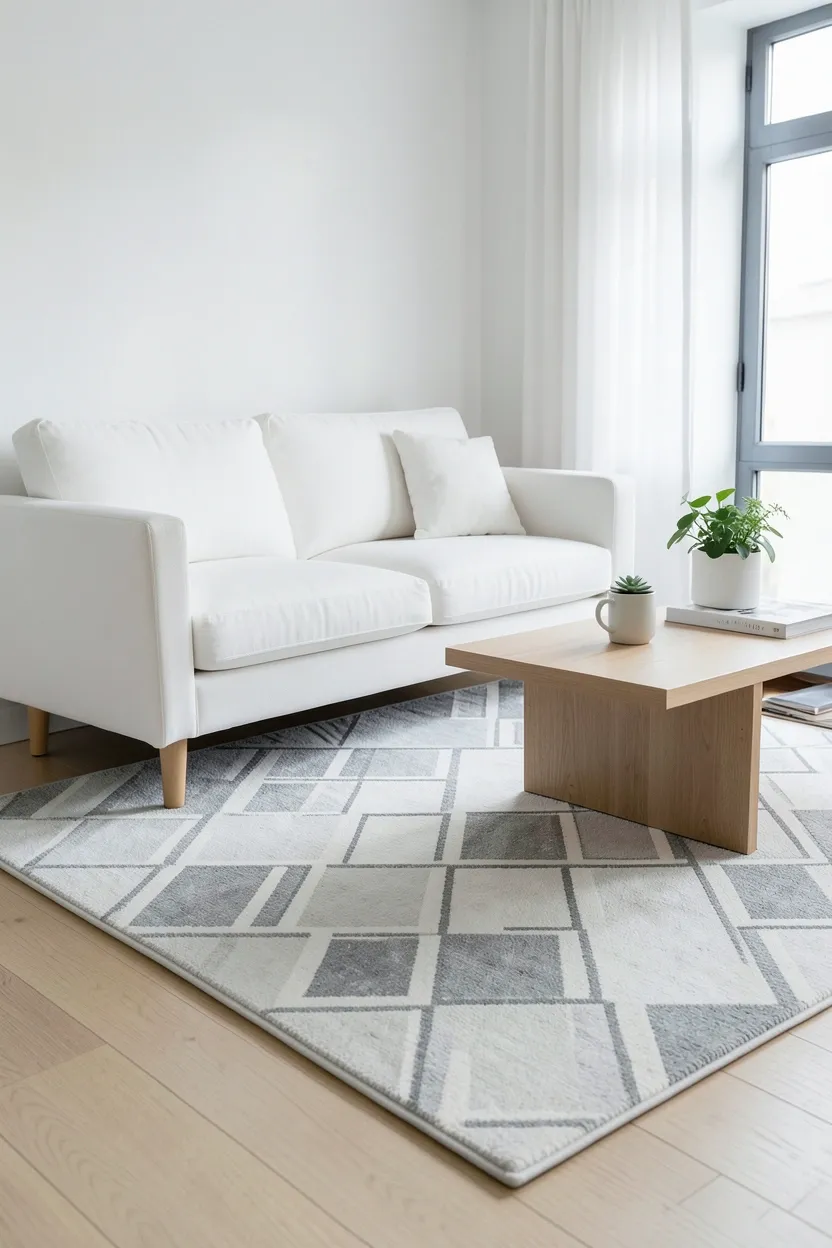 Neutral gray geometric patterned wool rug anchoring a minimalist Scandinavian living room with clean-lined wood and white furniture