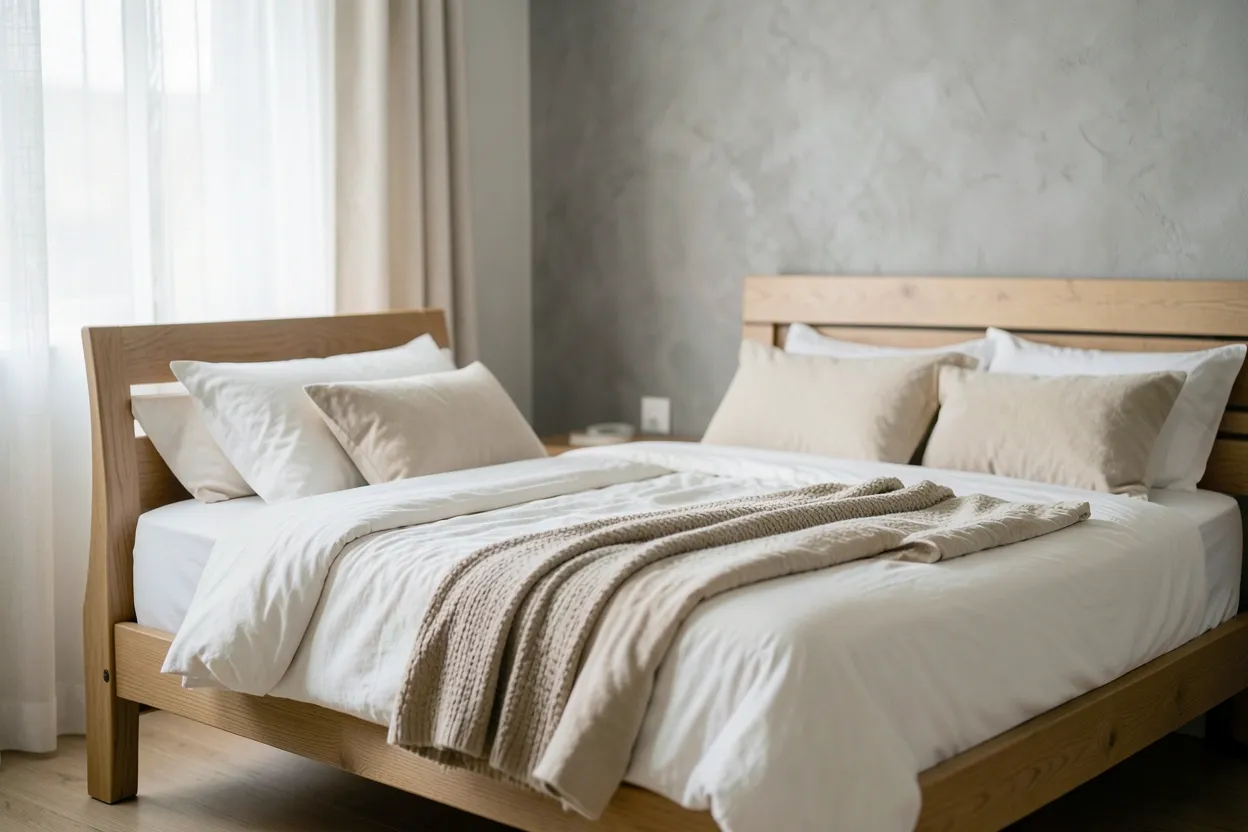 Serene neutral bedroom with layered linen bedding, natural oak furniture, and warm-toned walls for a calming renter-friendly space