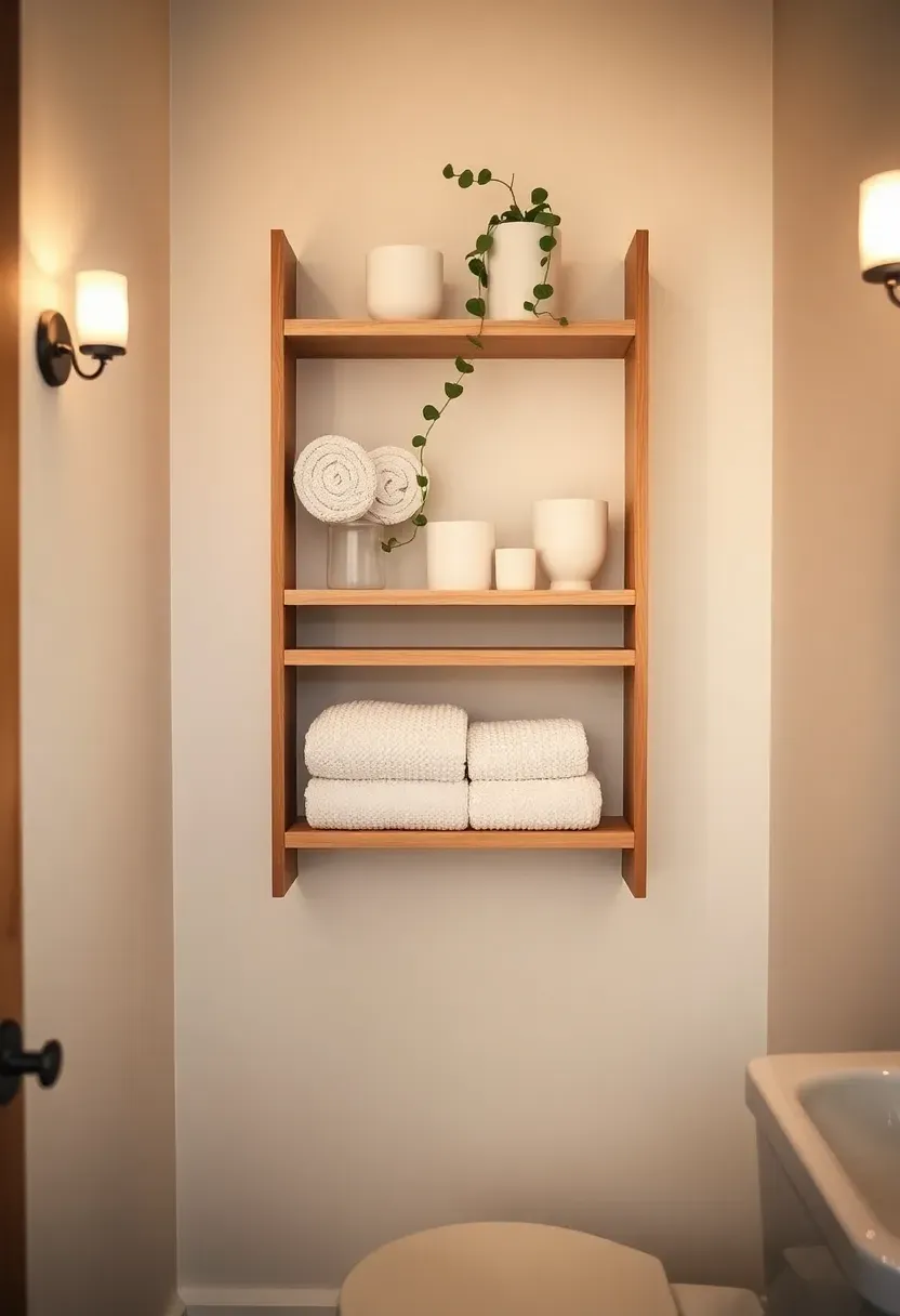 Tall slim open shelving unit floor-to-ceiling in a small bathroom holding rolled towels, ceramic organizers, and a trailing plant on the top shelf — vertical storage maximizing wall space