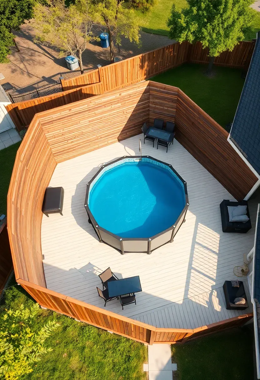 Hyper-realistic elevated view of above-ground pool positioned in yard corner with L-shaped privacy screen wrapping two sides. Materials: horizontal cedar privacy fencing with 1-inch gaps, light composite deck surface on two exposed sides, dark pool framework, small adjoining patio with dining set. Soft afternoon light from upper left, casting linear shadow patterns across deck and revealing fence texture. Private retreat mood showing pool as secluded sanctuary. Pool water in calm blue. Visible open yard beyond fencing, demonstrating maintained sightlines. Clean composition showing corner placement efficiency. No text, no logos, no watermarks.</p>