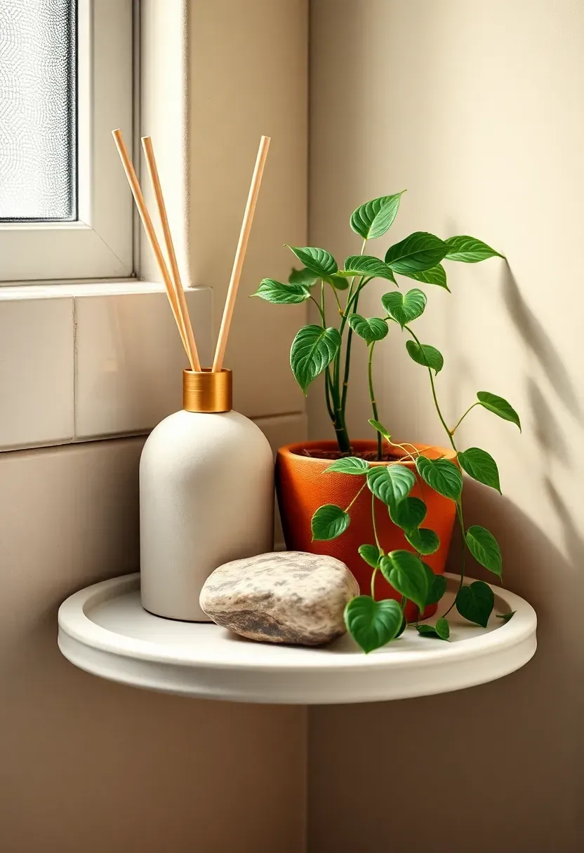 Small bathroom shelf vignette with matte ceramic soap dispenser, unlacquered brass reed diffuser, smooth river stone, and trailing pothos in terracotta pot — all grouped on a white tray in quiet luxury style