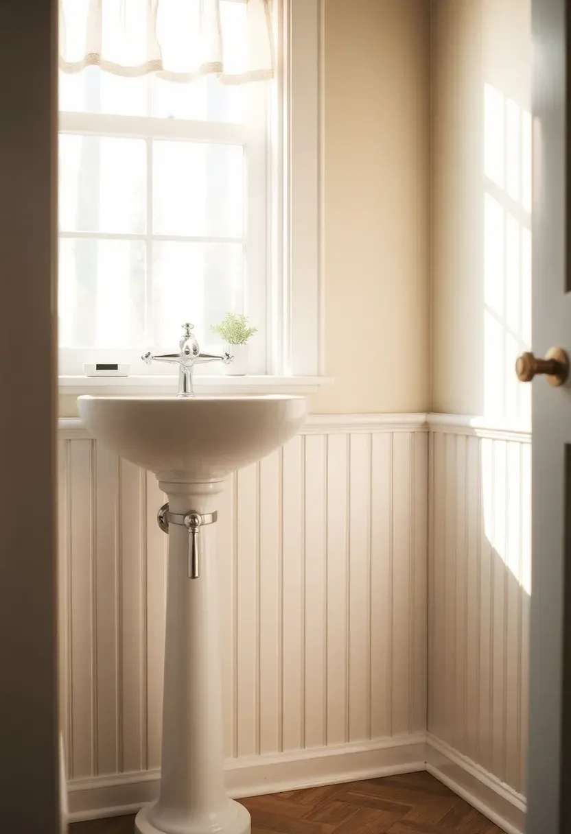White beadboard baseboard panel extending eight inches up from the floor in a cottage-style bathroom with a pedestal sink