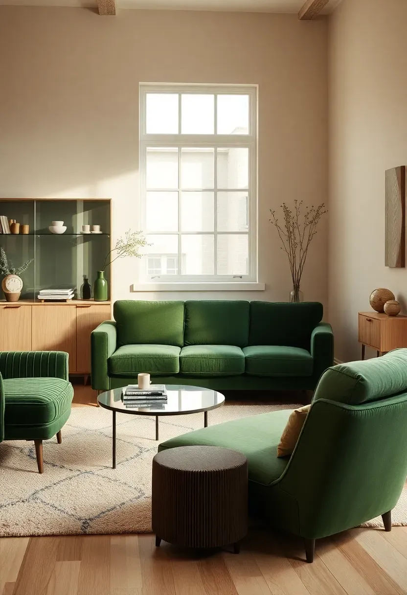 Ribbed glass cabinet wall with green couch