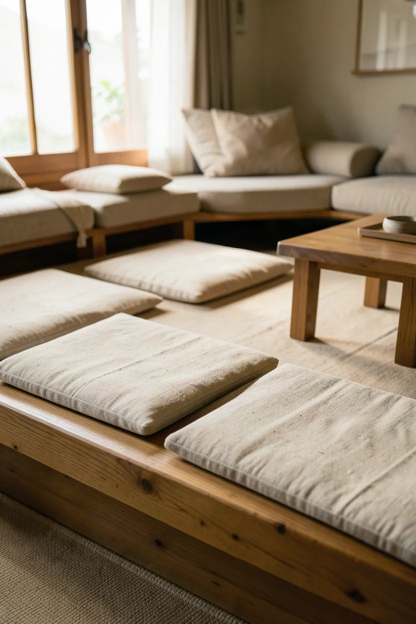 Low wooden platform with cotton floor cushions in natural linen tones creating grounded wabi sabi seating in a small apartment