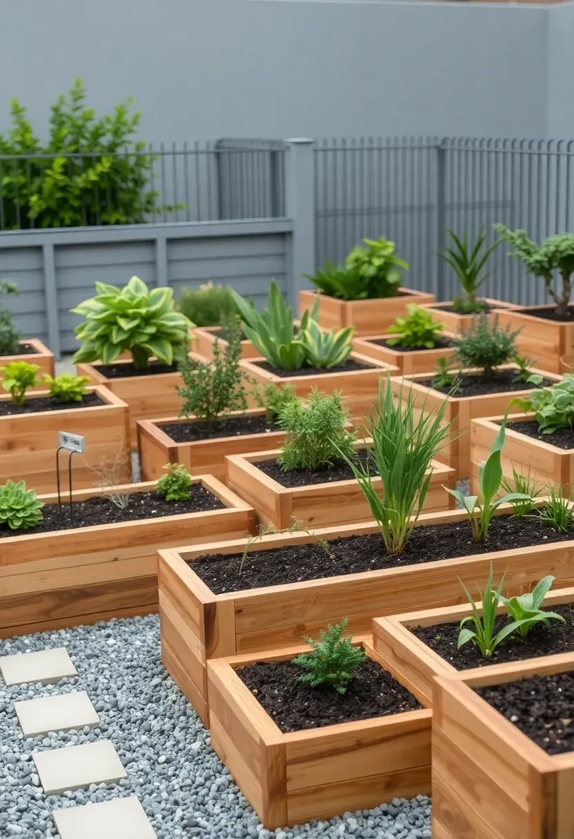 Mixed-height modular raised garden beds in a contemporary backyard, some tall and narrow and some low and wide, arranged in an asymmetric but balanced grid pattern