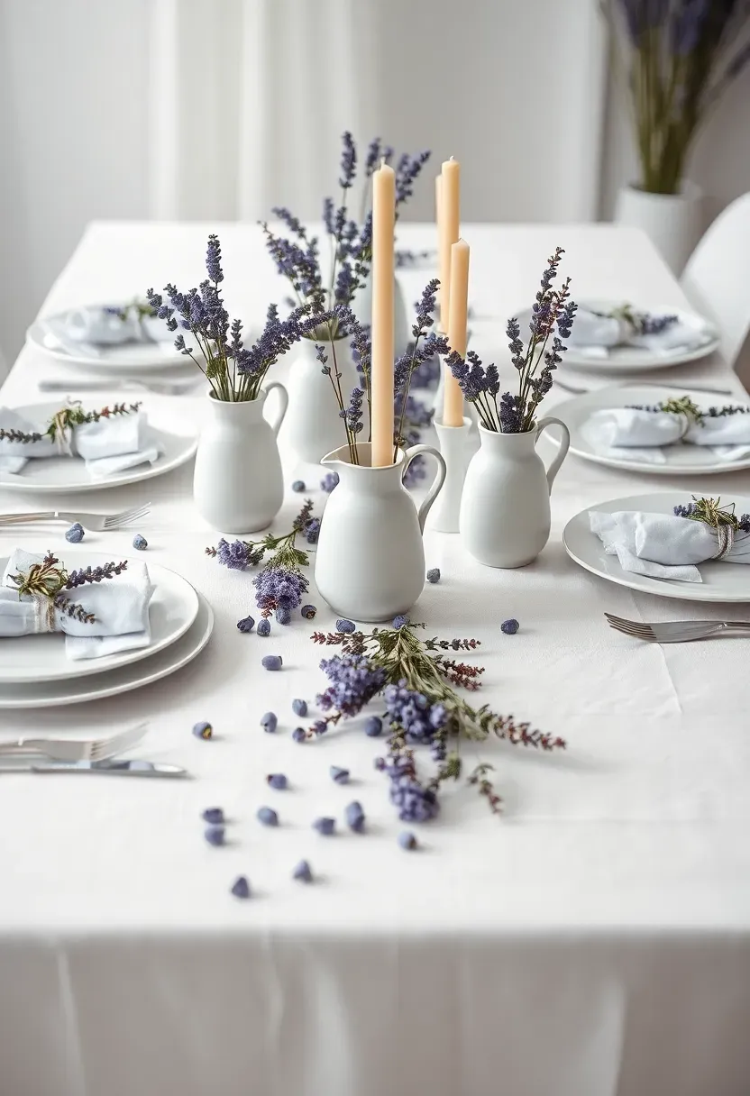 lavender and white monochrome Easter table setting with purple flowers and white ceramics