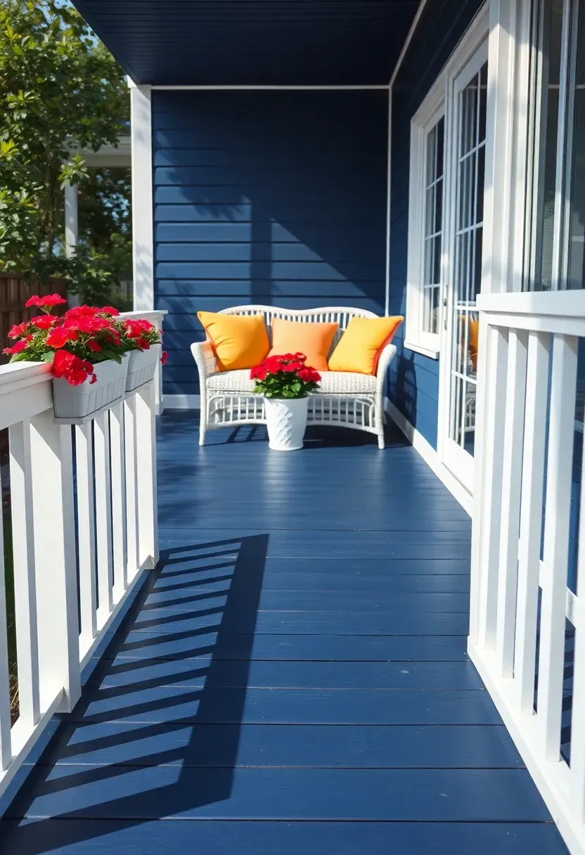 Backyard deck painted in a deep navy blue color with white trim, bright outdoor cushions, and potted geraniums adding contrast