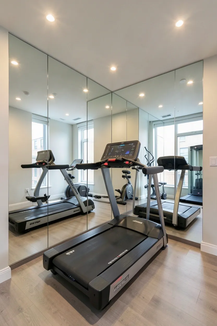 Mirror grid pattern on a small gym wall with evenly spaced rectangular mirror tiles in a modern geometric arrangement