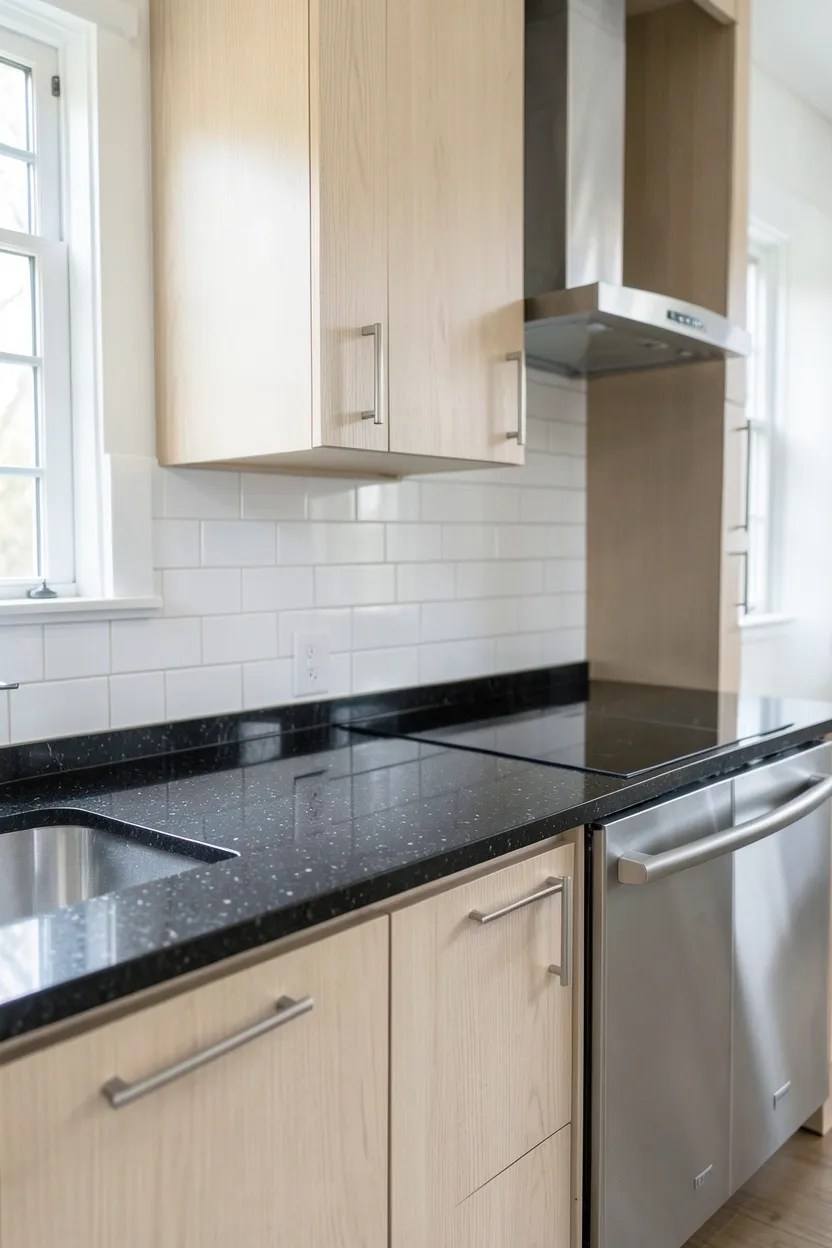 Black quartz countertops paired with light birch wood cabinets — high-contrast modern kitchen with bright warmth