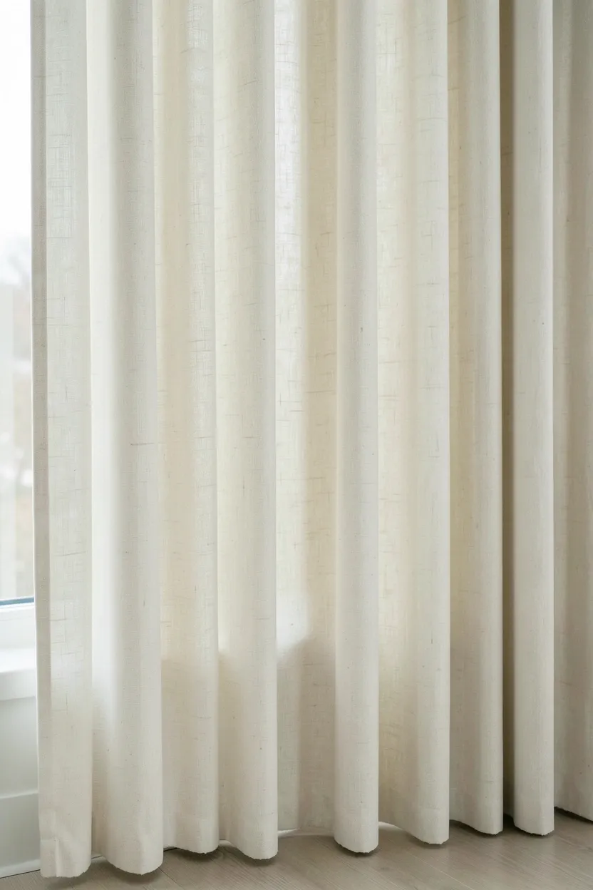 Floor-to-ceiling natural linen curtains in soft beige with blackout lining in a renter-friendly neutral bedroom