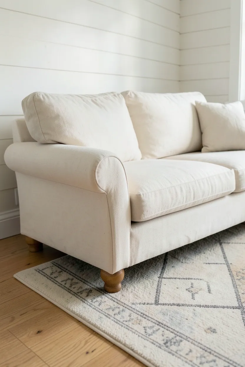 Cream linen farmhouse sofa with clean rolled arms and turned wooden legs in a bright rental living room