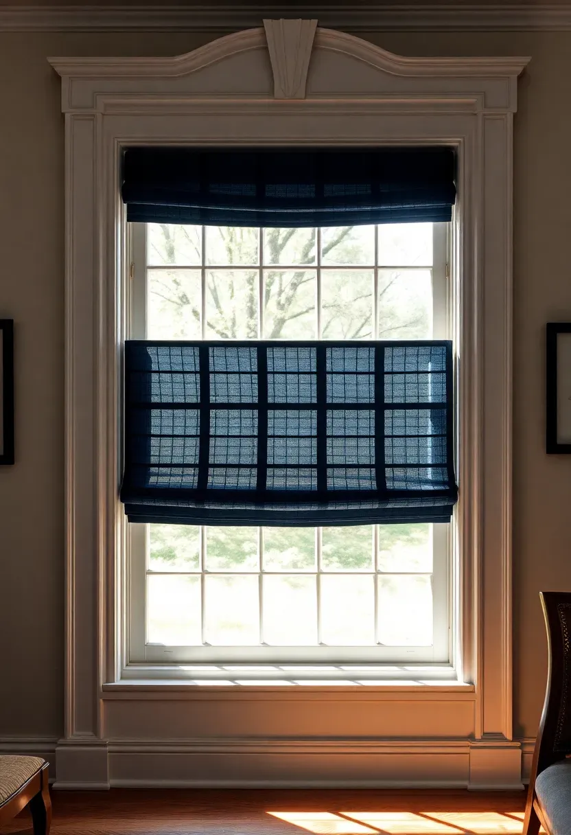 Hyper-realistic straight-on view of multi-pane colonial window with elaborate trim. Window features 6-over-6 configuration, white-painted colonial casing with back band, decorative pediment top, flanking pilasters. Materials: painted wood trim, cream walls, navy blue woven Roman shade, brass sash locks. Bright daylight through glass creating strong geometric shadows from muntins on interior walls. Shallow depth of field showing muntin profiles and shade texture. Visible room context—wide-plank floors, colonial furniture arrangement. Authentic colonial architectural detail mood.</p>