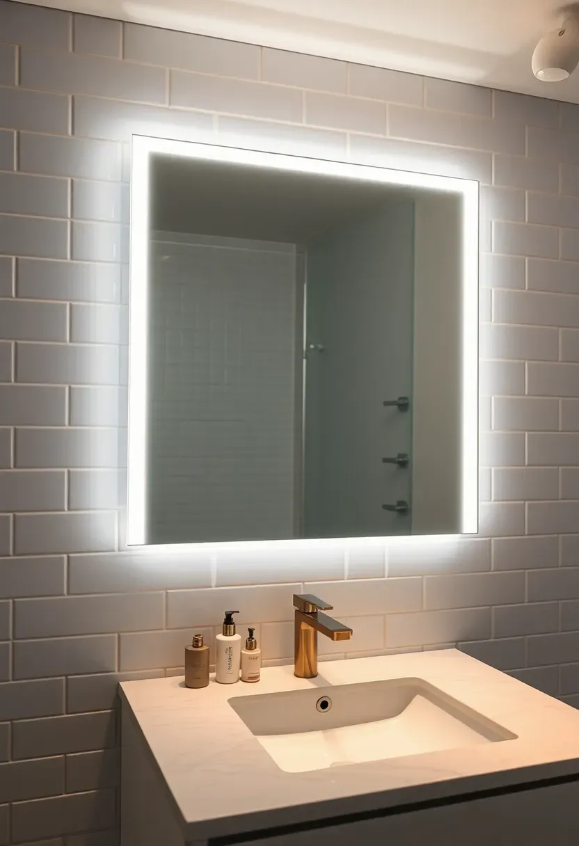 Modern bathroom vanity with a large rectangular mirror featuring soft LED backlighting around the edges in a white-tiled room