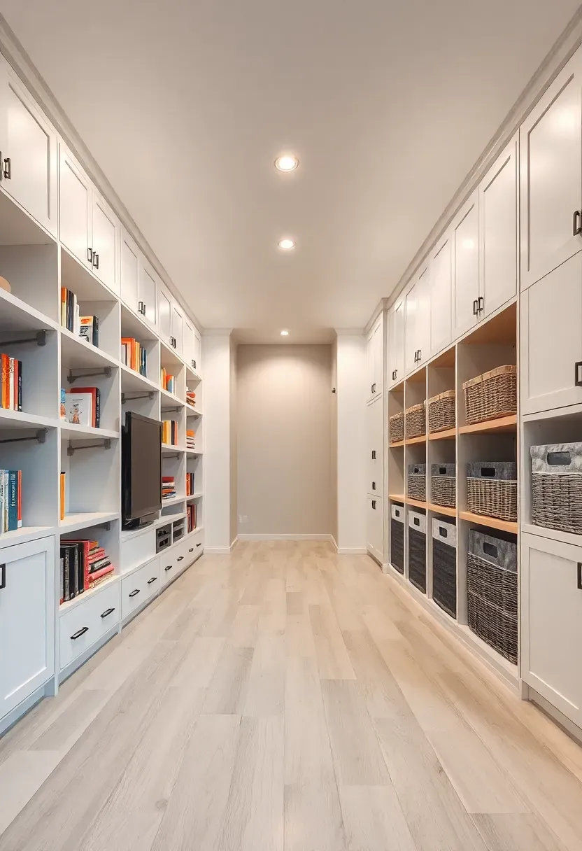 Basement with a long built-in storage wall running down the center creating two distinct rooms on either side with open shelving and cabinet doors