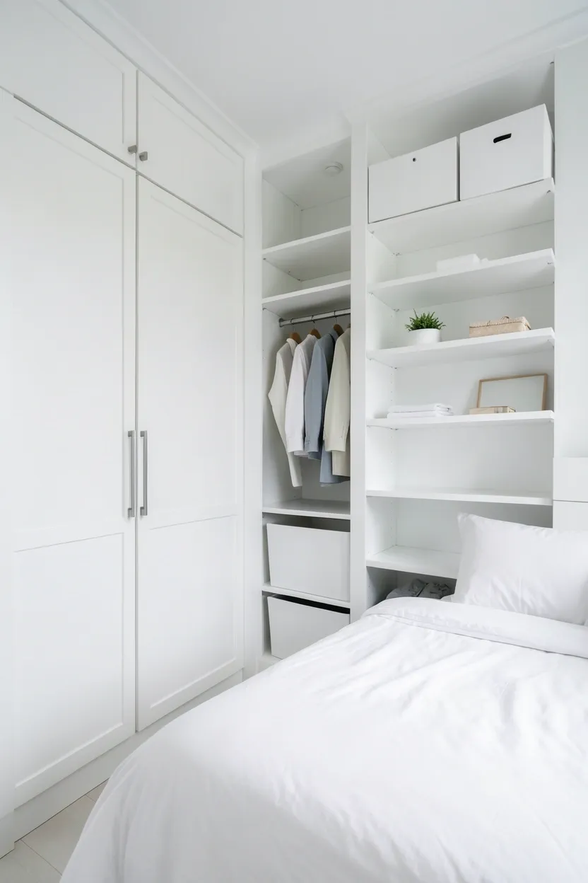 White bedroom with floor-to-ceiling built-in white wardrobe, floating shelves, and window seat with hidden storage — organized small white bedroom