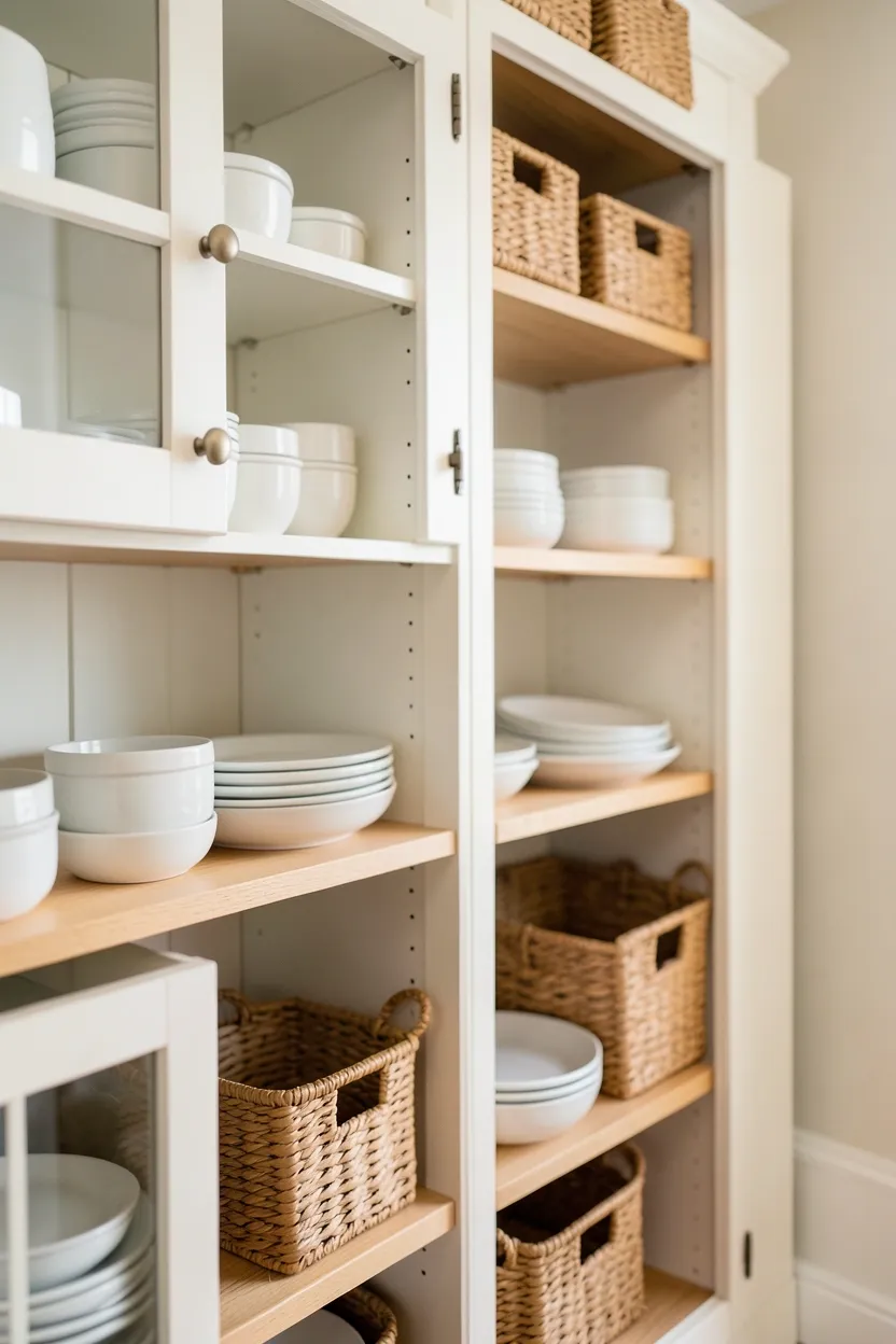 Farmhouse kitchen with mix of cream closed lower cabinets and open upper shelving displaying plates and pottery
