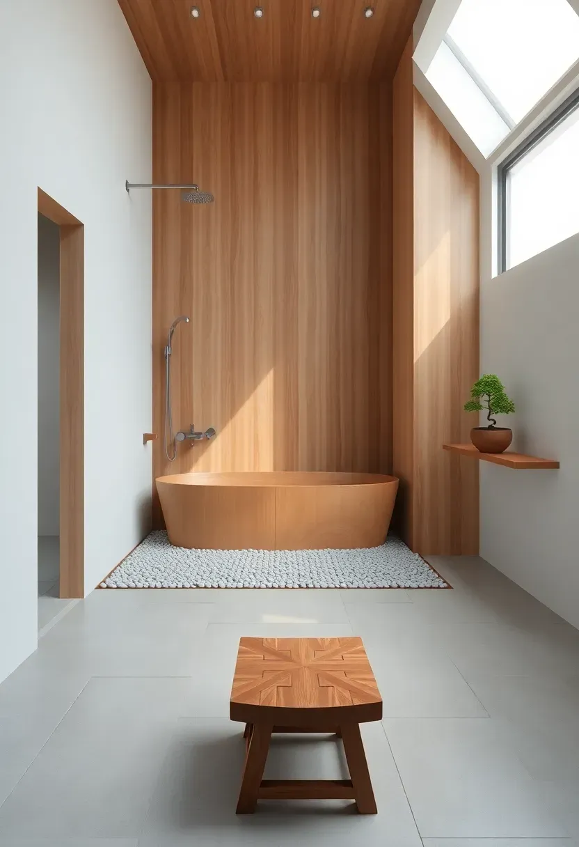 Japanese-style wet room with cedar soaking tub, walk-in shower area, and pebble stone drainage zone