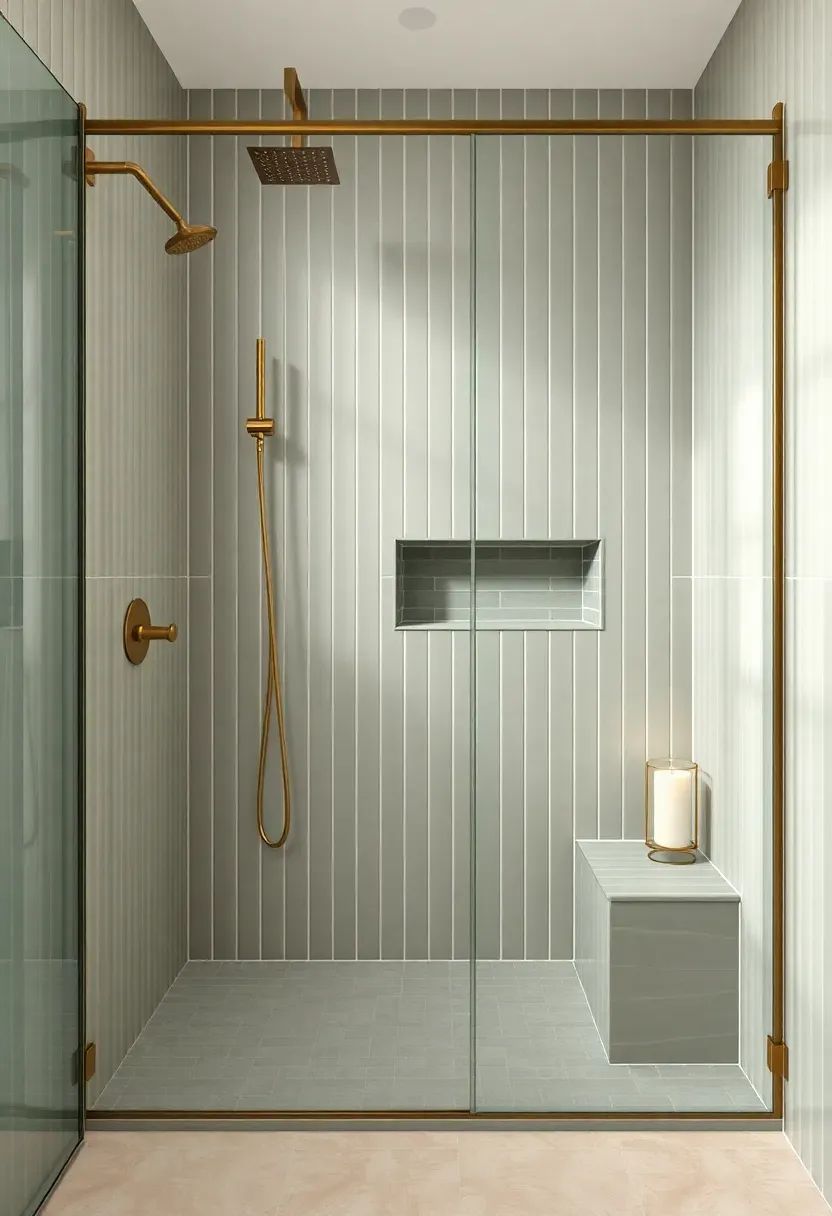 Vertical stack bond rectangular tile shower wall in soft sage green with brushed brass fixtures