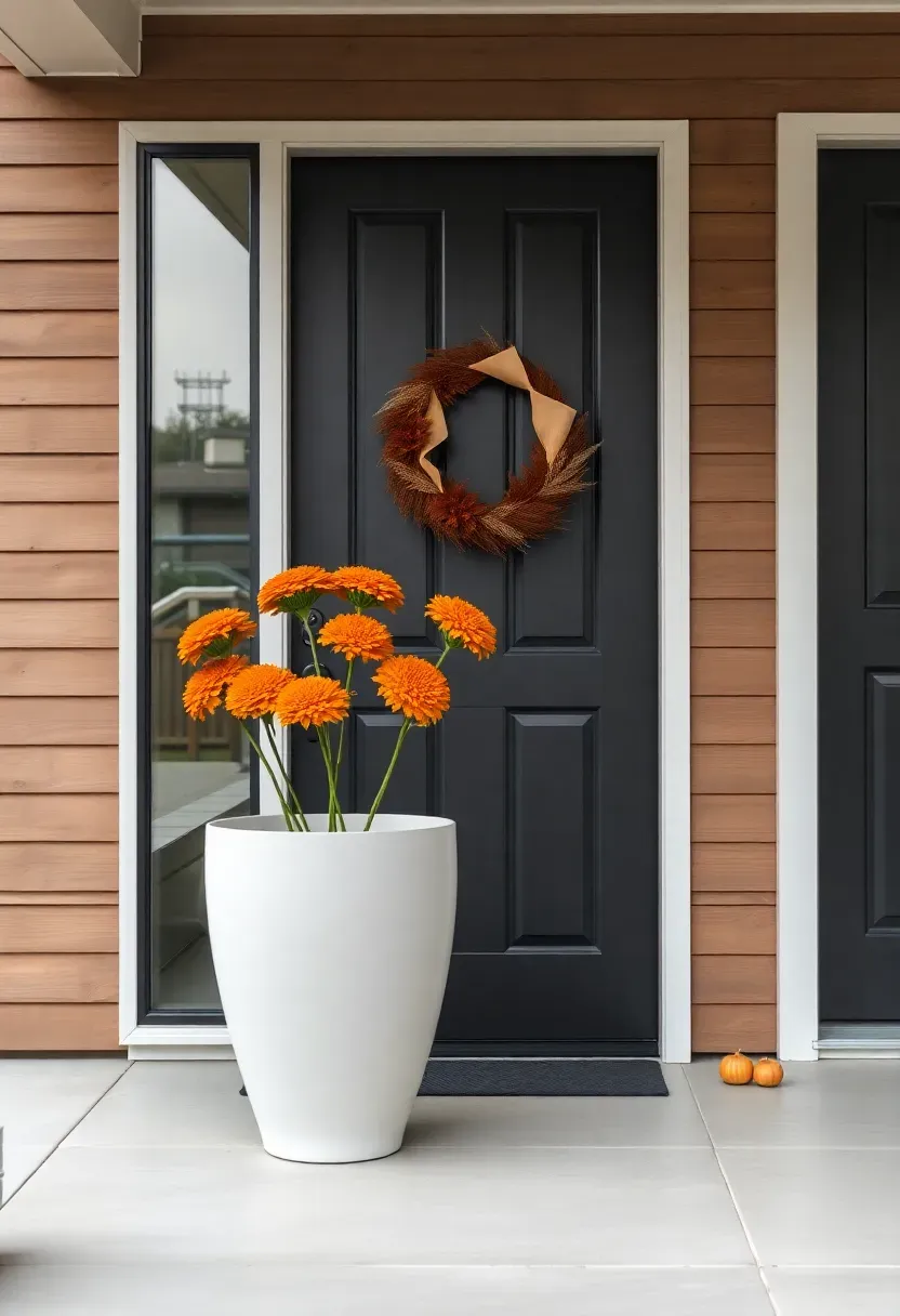 Hyper-realistic wide shot of a modern front porch with minimalist fall decor. A single large cylindrical white ceramic planter stands beside a matte black front door, containing three architectural orange mums in a triangular composition. A minimal geometric wreath in burnt orange and cream hangs on the door. Porch floor is polished concrete in light gray. Generous negative space around each element. Soft overcast daylight. Visible facade with horizontal cedar siding. No text, no logos, no watermarks.</p>