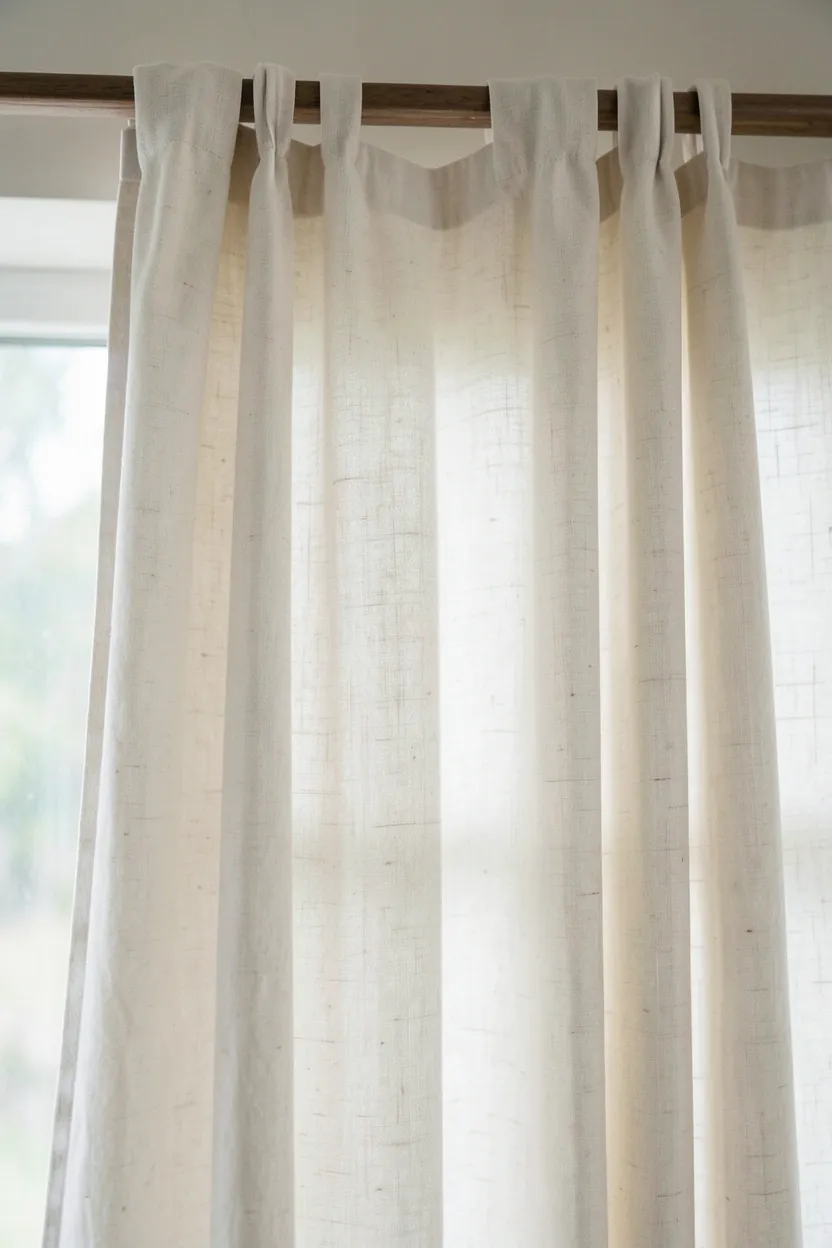 Floor-length natural cream linen curtains softly filtering daylight in a rental living room with vintage Scandinavian decor