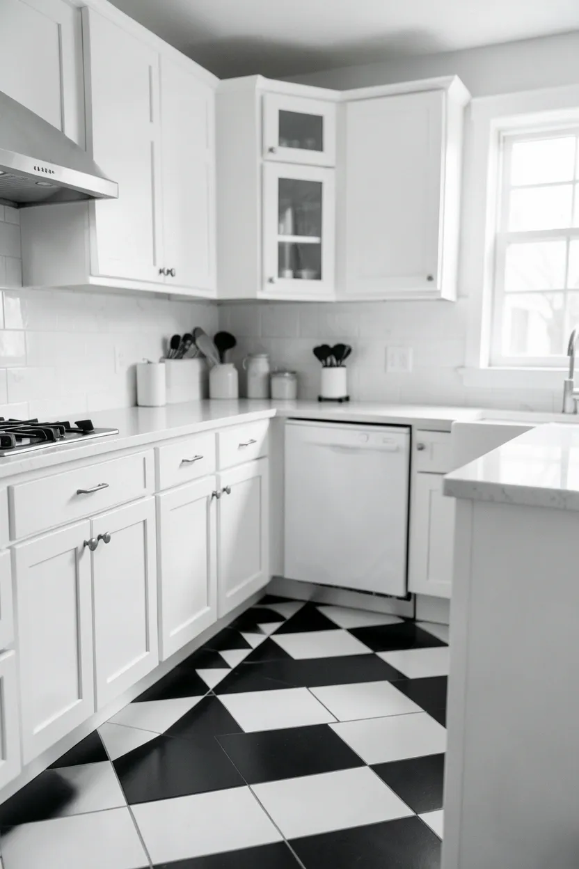 Scandinavian-style minimalist kitchen with white flat-panel cabinets, light wood flooring and minimal black accents creating a calm and airy cooking space