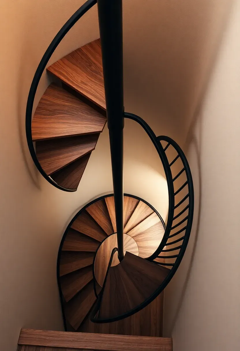 Compact black metal spiral staircase leading down to a finished basement with wooden treads and a slim modern railing
