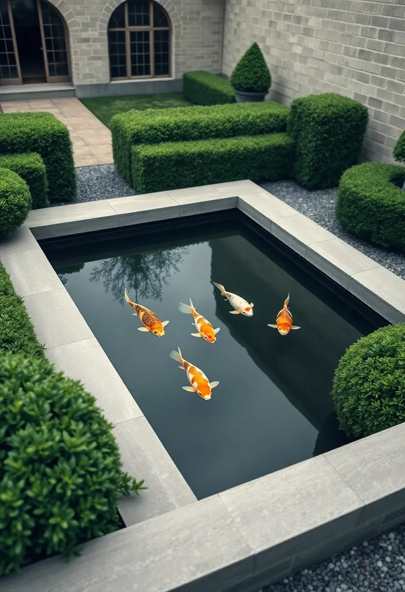 Formal rectangular koi pond with clean stone coping, symmetrical plantings, and koi swimming in dark water