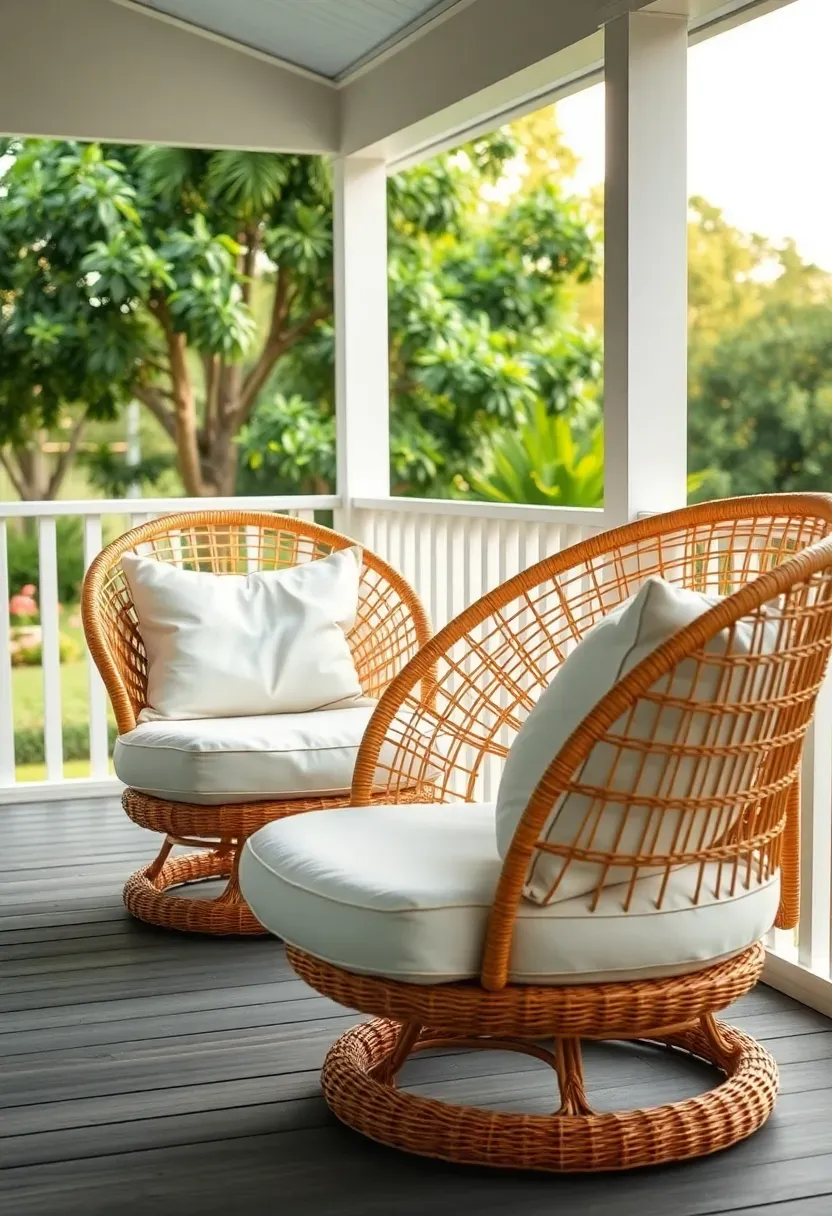 Two oversized rattan papasan chairs with thick white cushions on a covered porch overlooking a green backyard