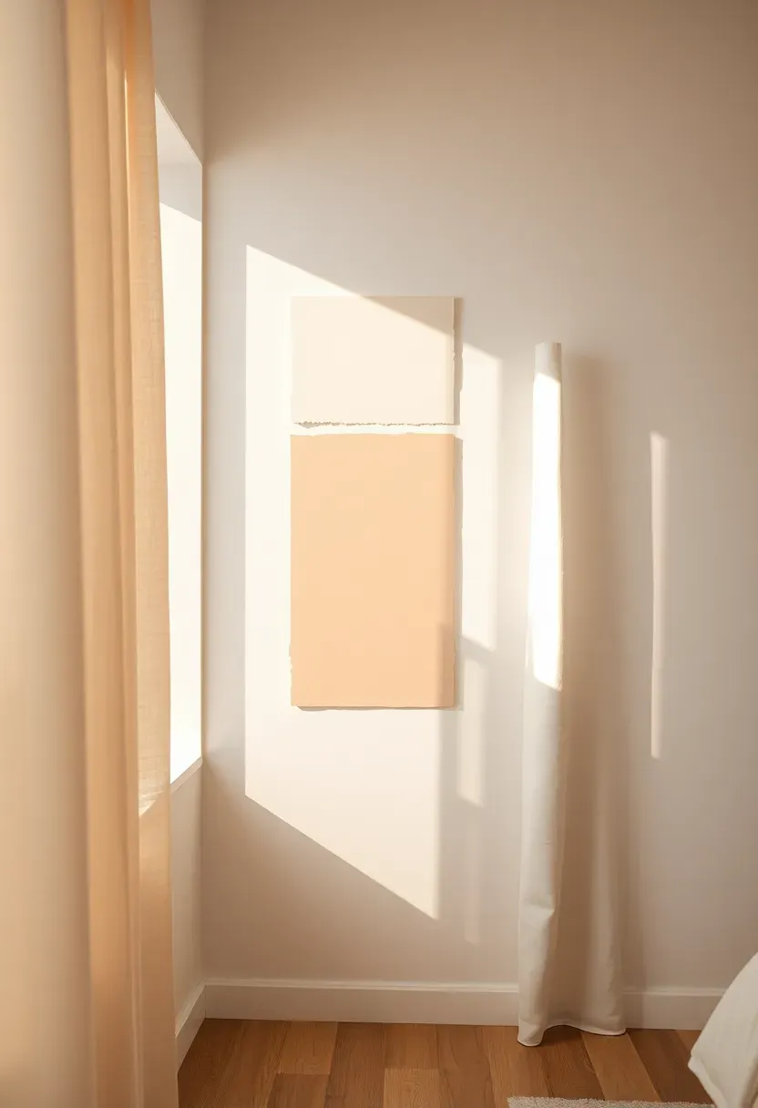 small bedroom painted in warm off-white with matching trim and ceiling, soft sage green bedding visible, light and airy atmosphere