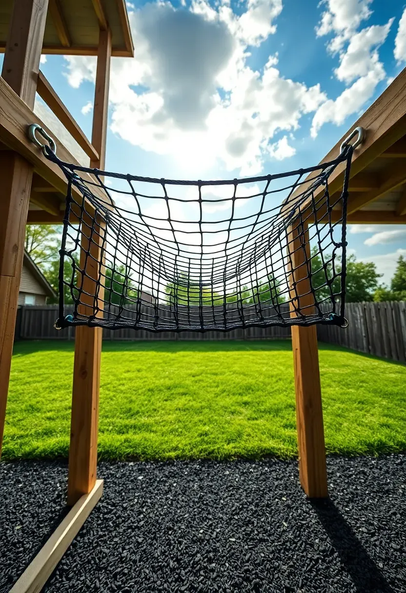 Rope cargo net bridge spanning between two wooden playground towers, with children crossing over padded ground below