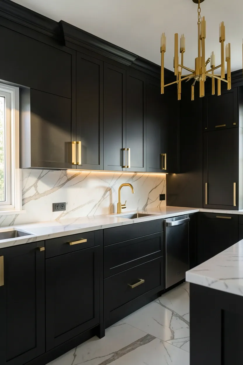 Bold luxury kitchen with matte dark charcoal cabinets, brushed gold hardware, and white marble countertop extending to ceiling