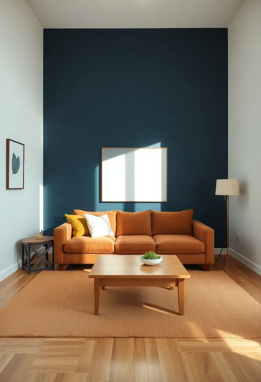 Hyper-realistic wide shot of minimalist living room with navy blue accent wall camel tan sofa camel area rug light oak coffee table white surrounding walls. Materials: matte navy blue paint camel tan velvet sofa camel wool rug light oak wood brass table lamp. Warm natural daylight rich interplay between navy's depth and camel's warmth elegant inviting atmosphere. Sharp details on velvet texture and wood grain clean composition no clutter no text no logos.</p>