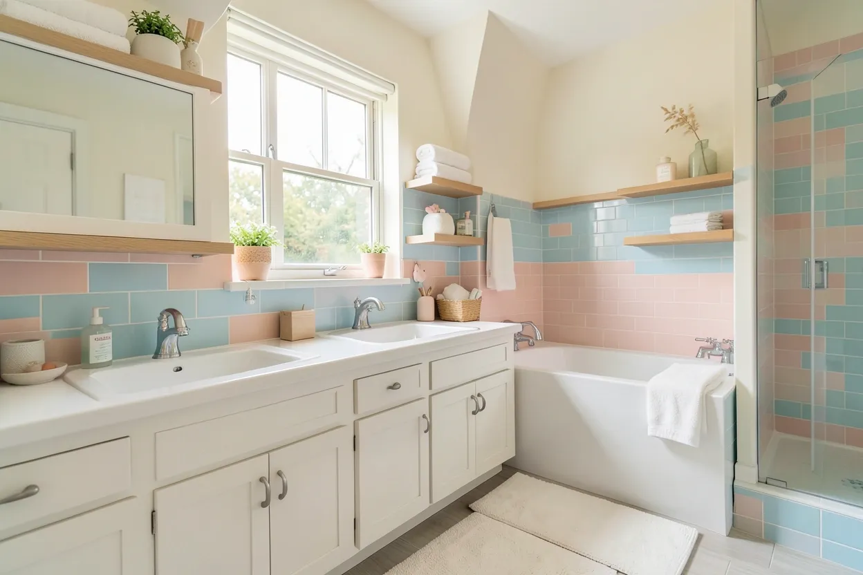 Bright Toca Boca big family home bathroom with double sink vanity, colorful accessories, and playful decor for kids and adults