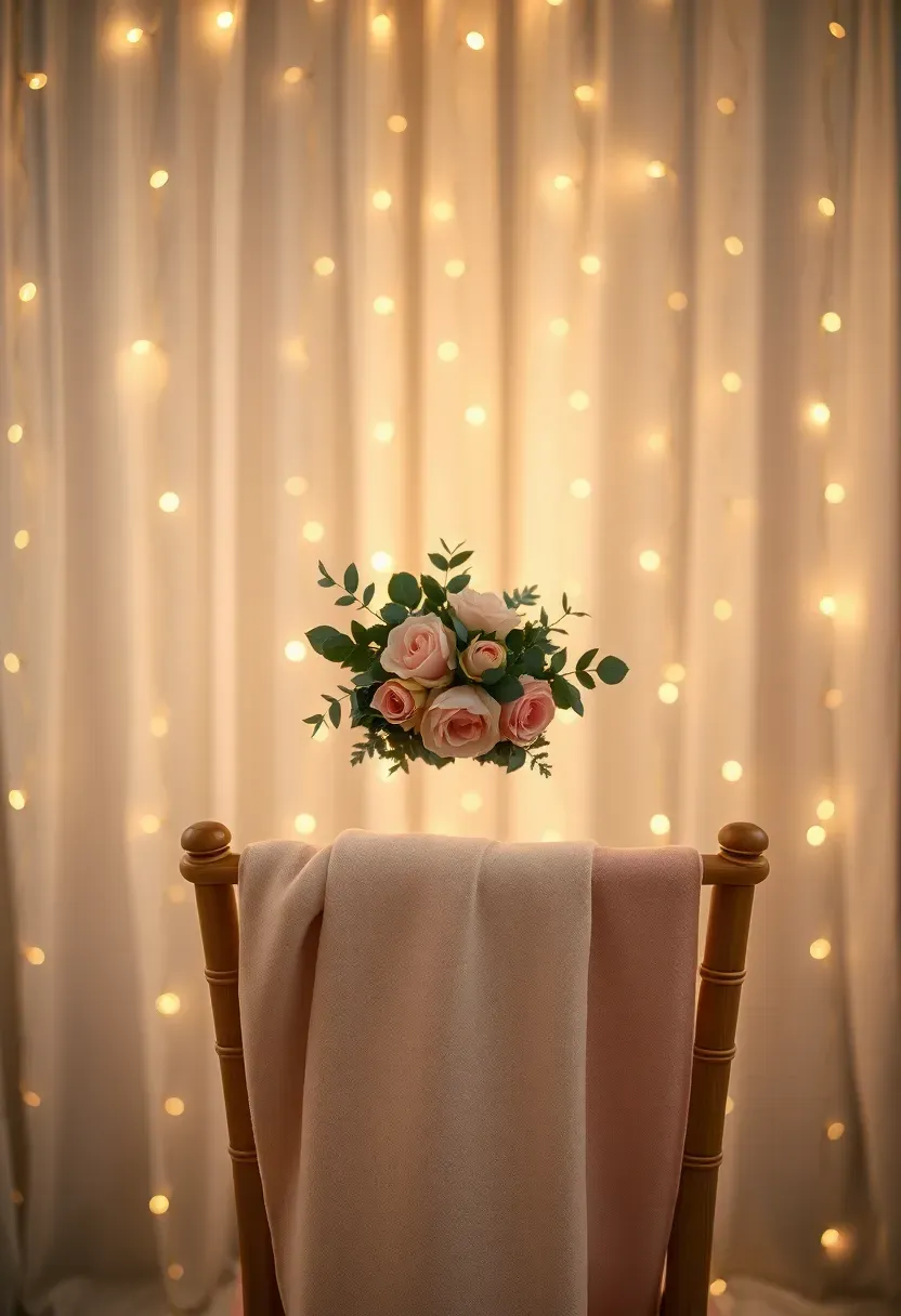 romantic fairy light curtain hanging behind the guest of honor chair at a baby shower with warm twinkling lights sheer fabric and a floral wreath on the chair back