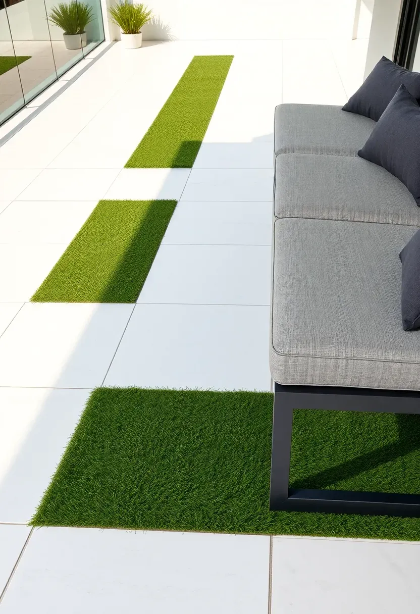 A modern patio combining large-format porcelain pavers with rectangular inlays of synthetic turf creating a striped pattern near a contemporary outdoor sofa