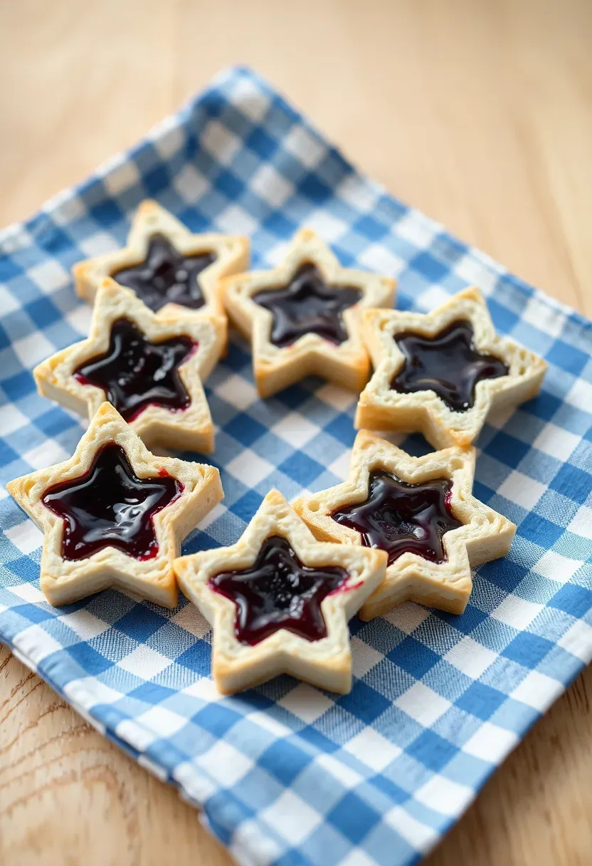 star-shaped peanut butter and jelly sandwich bites with blueberry jam on a blue and white checkered cloth