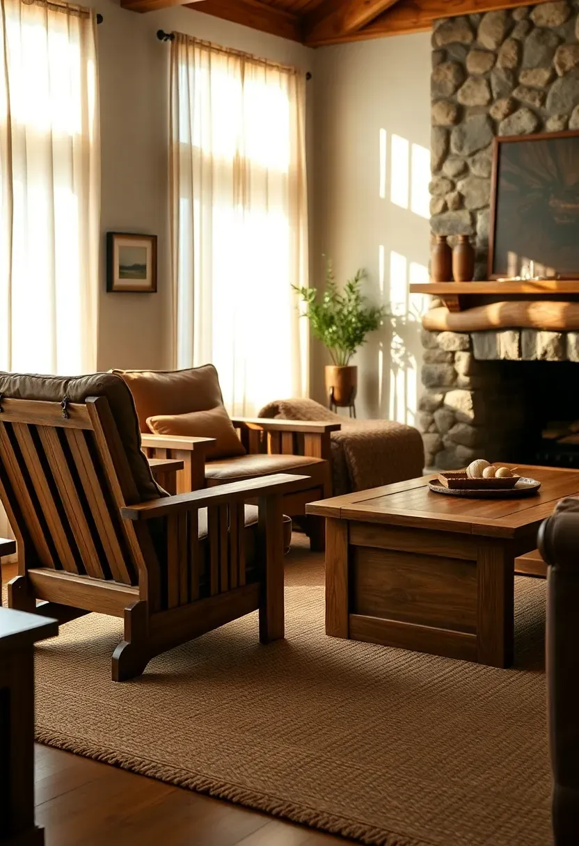 Mission-style oak furniture grouping in a craftsman living room with leather cushions and simple lines