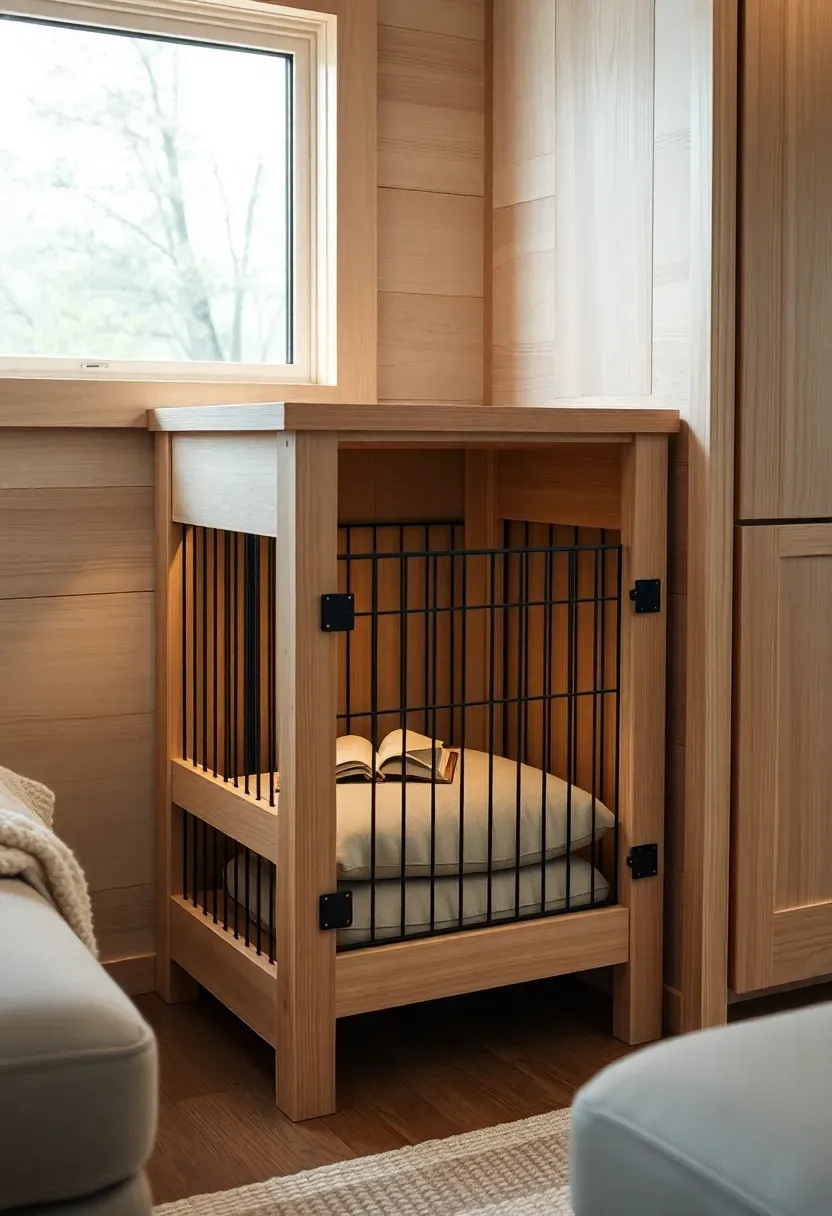Hyper-realistic 3/4 view of tiny house living room with built-in dog crate as side table, showing furniture-grade construction with removable gate panel, architectural ventilation slots, matching wood tones with other built-ins, serving as nightstand with lamp and book, washable cushion visible inside through slats. Materials: white oak construction, black metal hardware, removable cushion in neutral linen, warm ambient lighting. Soft diffused light from window, balanced minimalist composition, visible tiny house context.</p>