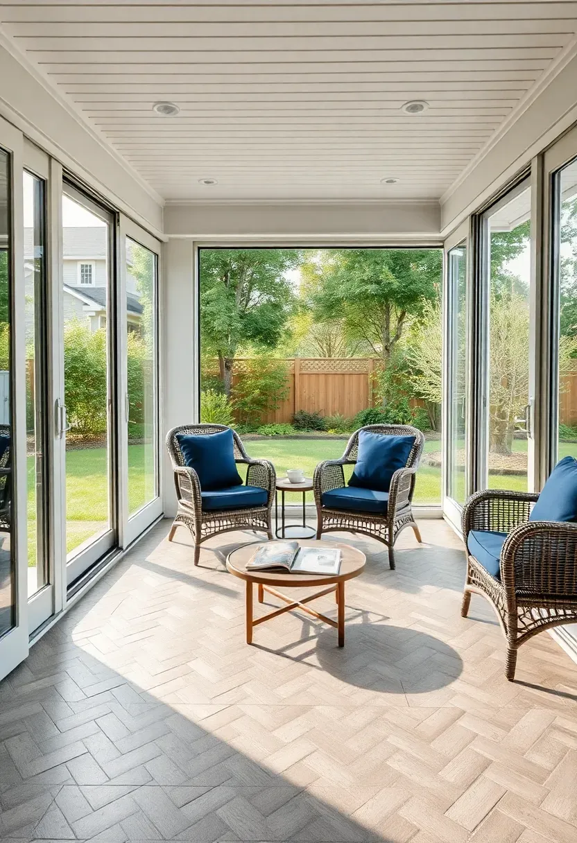 Three-season enclosed patio room with sliding glass doors open to a backyard, wicker furniture with navy cushions, and a herringbone tile floor