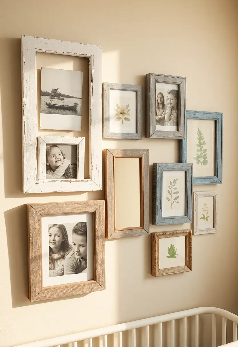 cluster of distressed wood photo frames on nursery wall with family photos and botanical prints