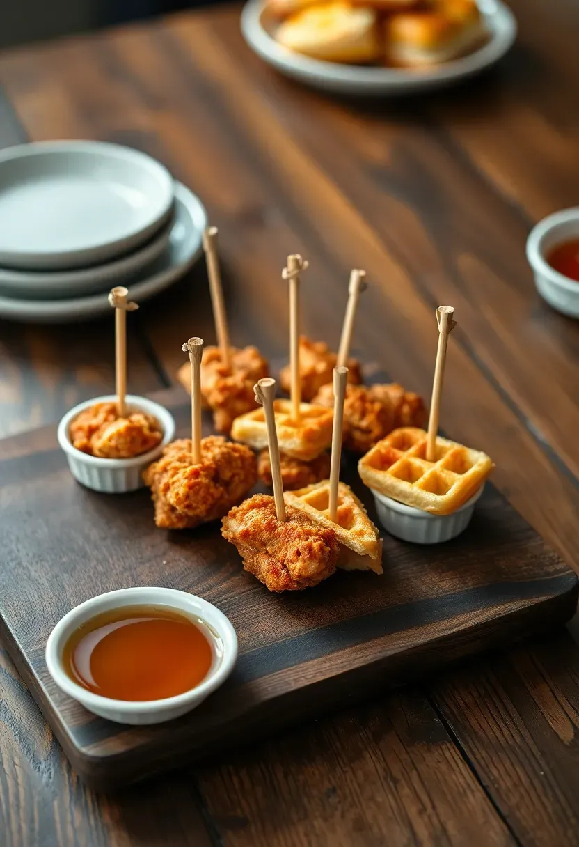 mini chicken and waffle skewers with maple syrup drizzle on a wooden serving board with small dipping cups of hot sauce