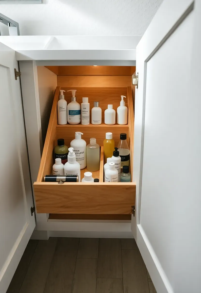 Pull-out sliding drawer installed inside a bathroom vanity cabinet showing organized products