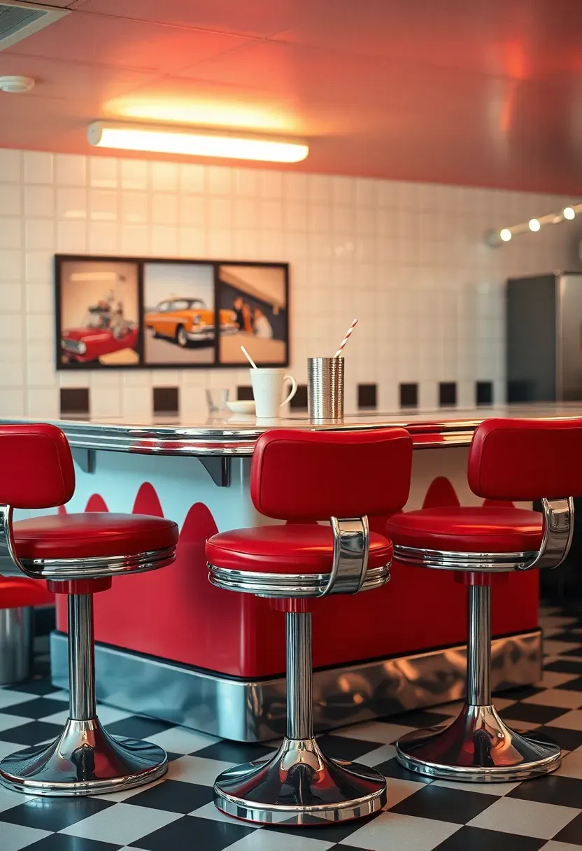 Retro 1950s diner-style basement bar with chrome-edged Formica counter, red vinyl swivel stools, checkered floor tiles, and a neon open sign