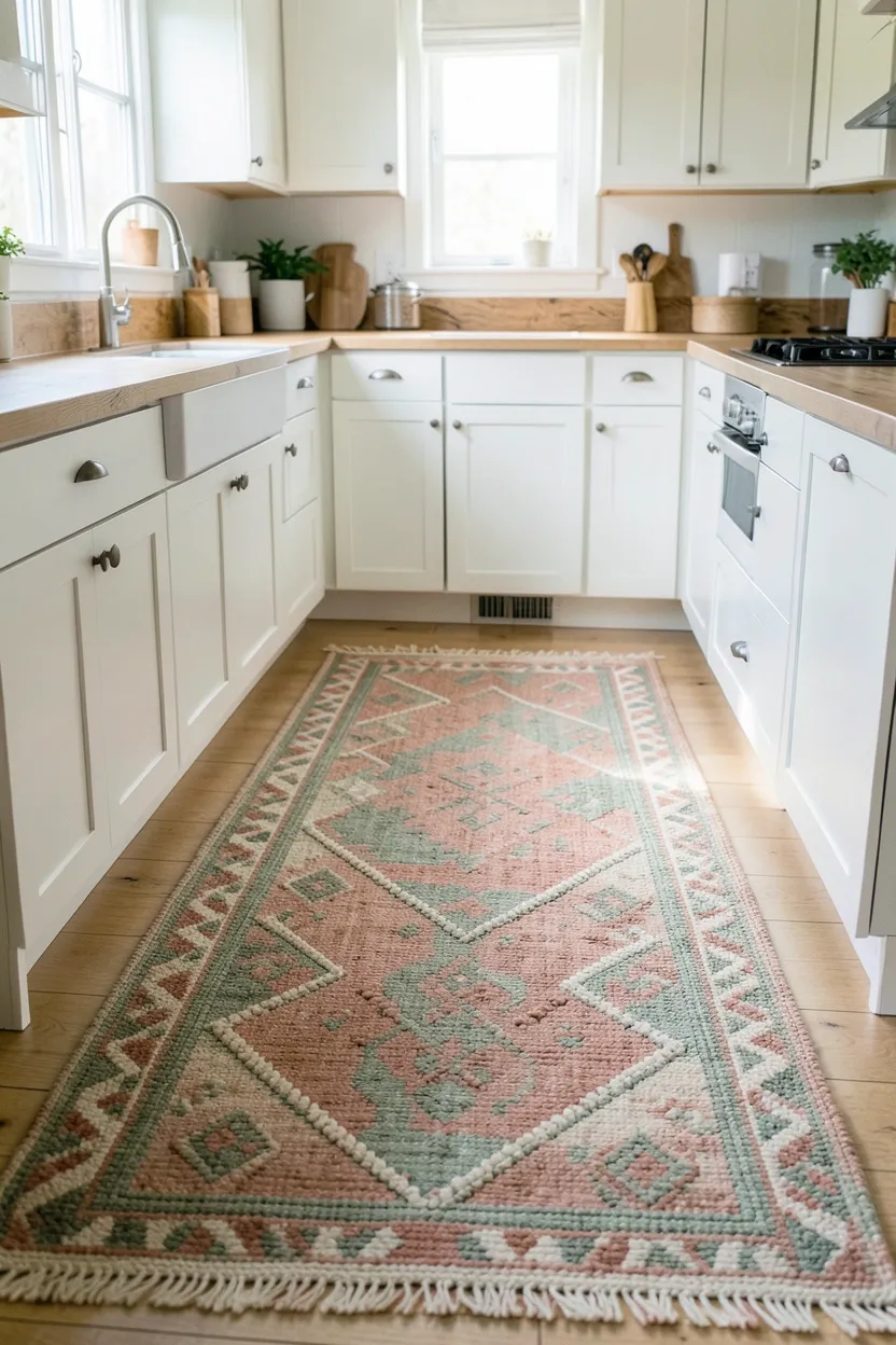 Hyper-realistic eye-level photograph of a boho kitchen with handwoven runner rugs. Two long runner rugs feature intricate geometric patterns in muted terracotta, sage, and cream tones. The rugs are made of natural wool and cotton with visible weave texture. The rugs run parallel, creating pathways through the kitchen. White shaker cabinets and light wood countertops visible. Natural light streaming through windows. Materials: handwoven wool and cotton rugs, white painted wood, light oak. Textured and patterned boho mood. Sharp focus on the rug weave and pattern details. No text, no logos, no watermarks.</p>